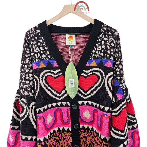 New! FARM Rio Graphic Elements Ainika Cardigan Mushroom Leopard Wool Sweater - Picture 7 of 16